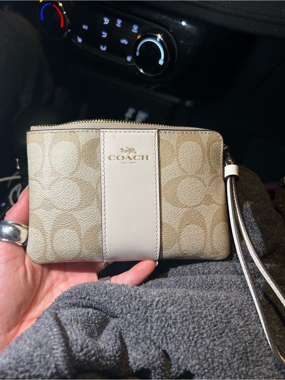 Coach Beige & Cream Signature Wristlet with Gold Logo